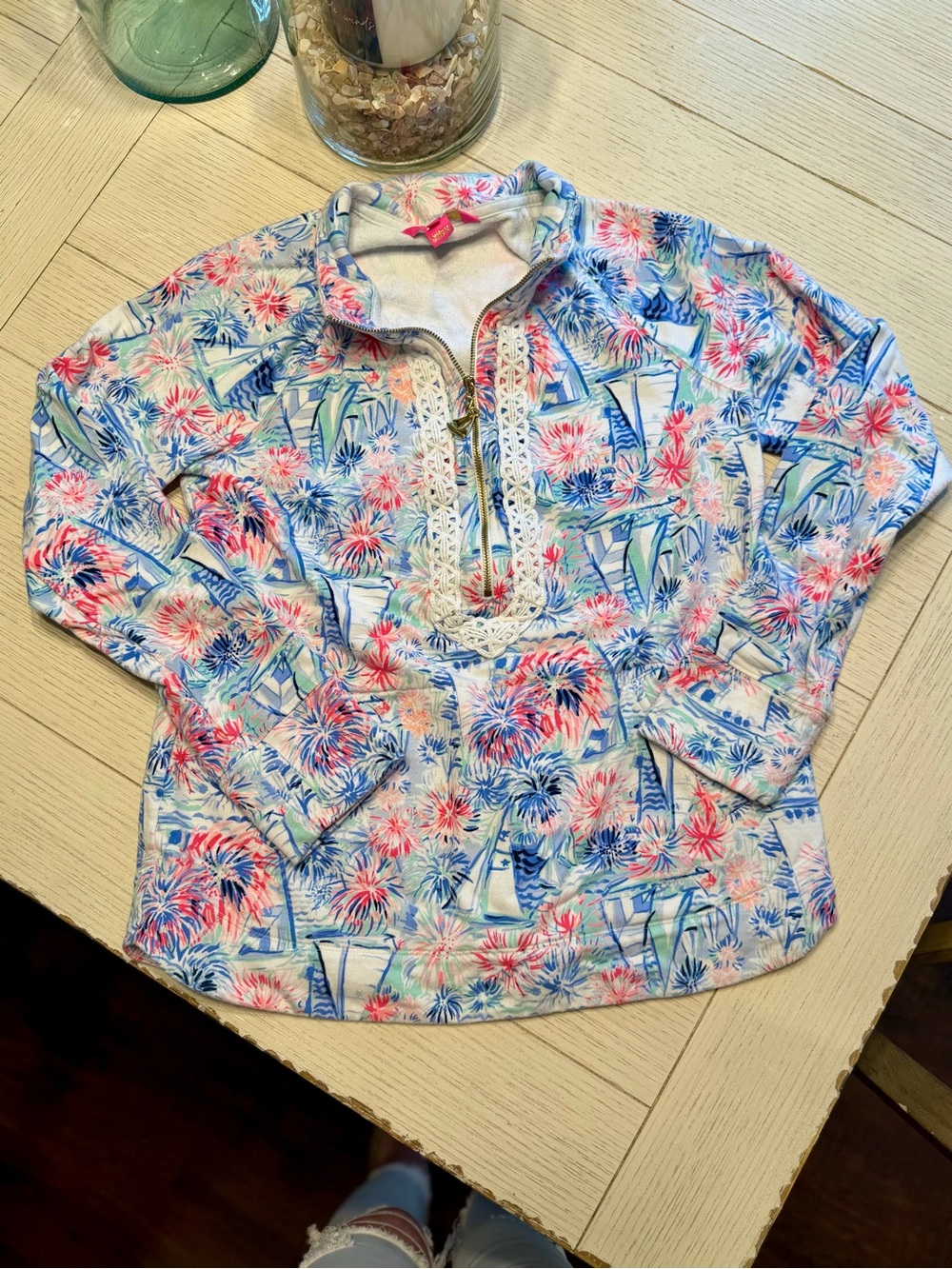 Lilly Pulitzer Pink Blue Green Floral Sailboat Pullover